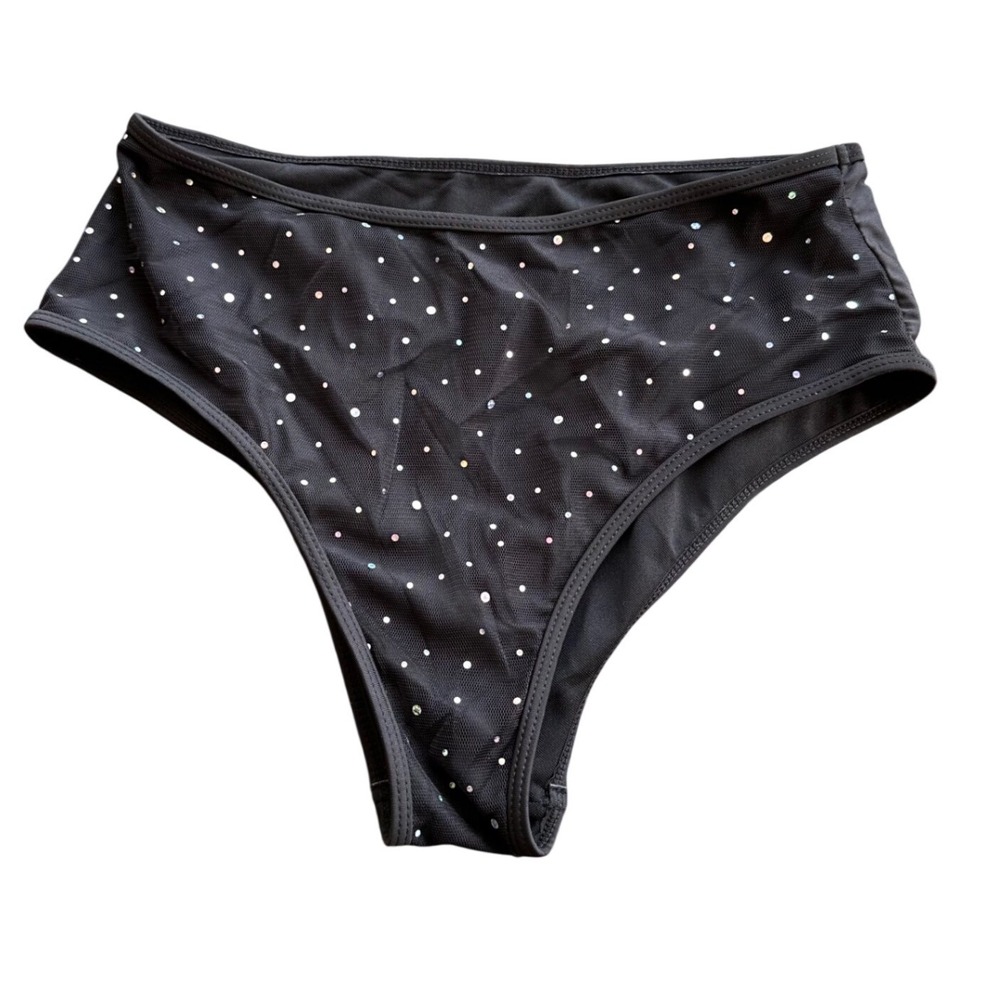 Black High Waisted Rhinestone Bikini Bottoms Swim 0XL Sparkle Mesh Front
